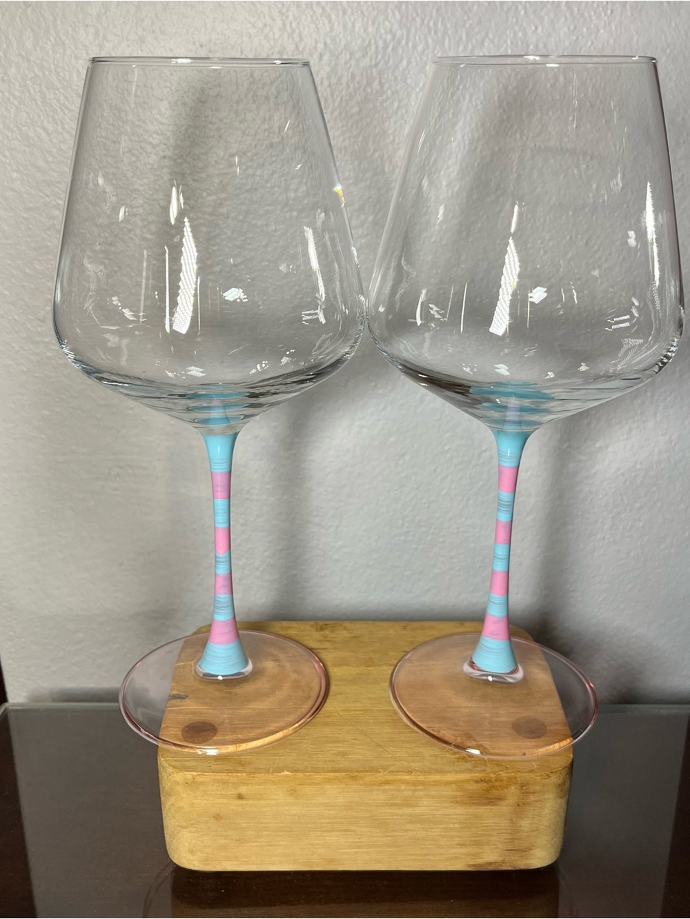 Pastel Pink & Aqua Hand Blown Wine Glass Set Champagne Flute Goblet Stemware 3pc